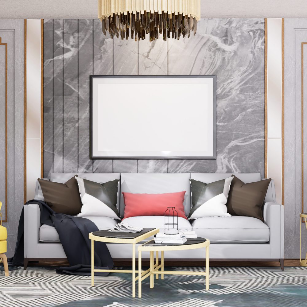 Mock up poster frame in modern interior fully furnished rooms background, living room, Scandinavian nordic style, for text message or content. 3D rendering,  3D Illustration
